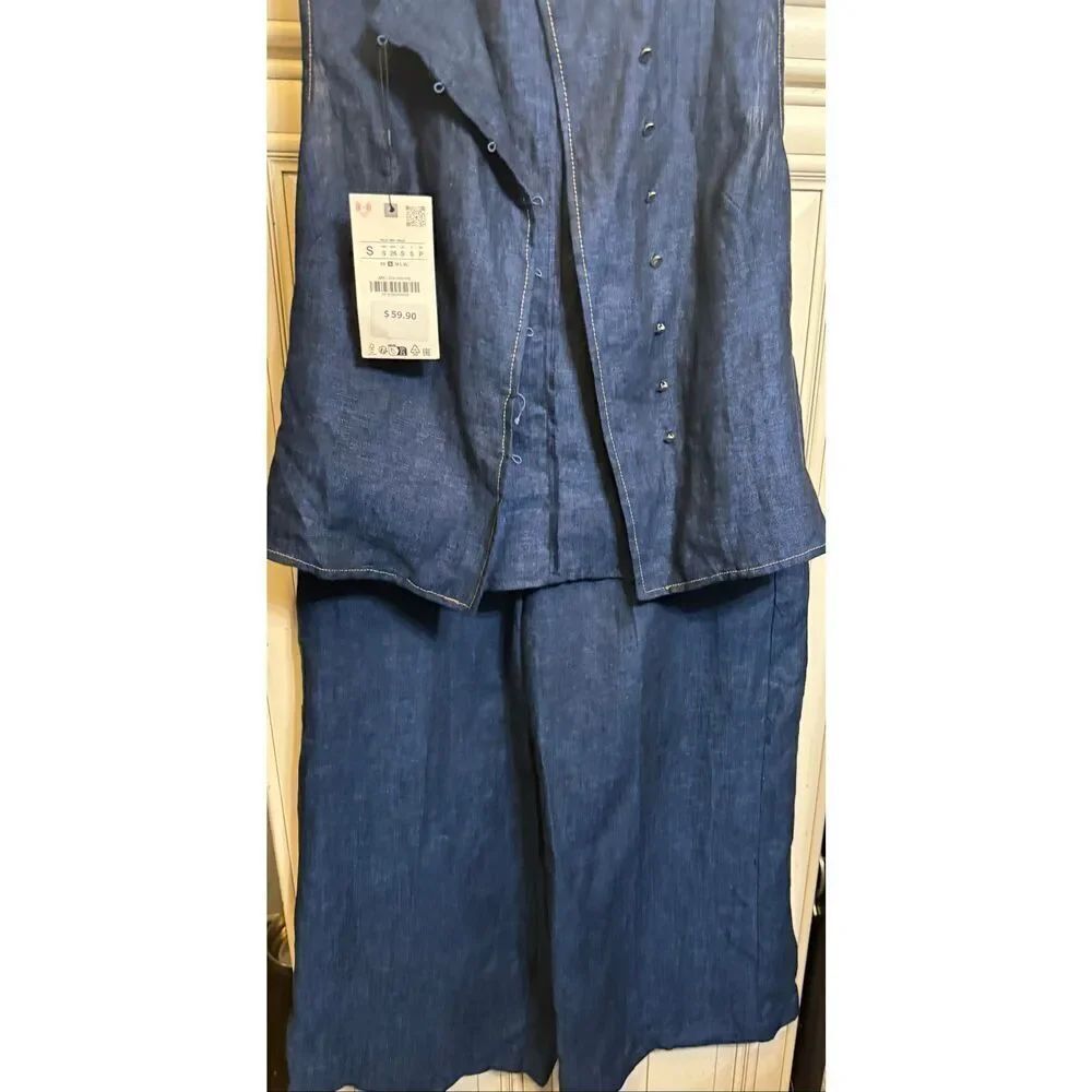 ZARA Women's Blue Sleeveless Vest & Trousers Pants 2 Pieces Match Set Small NWT